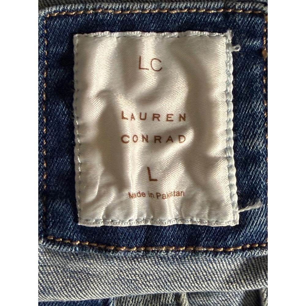LC Lauren Conrad Blue Denim Jacket L Distressed Cotton Stretch Trucker Coat - Picture 3 of 7